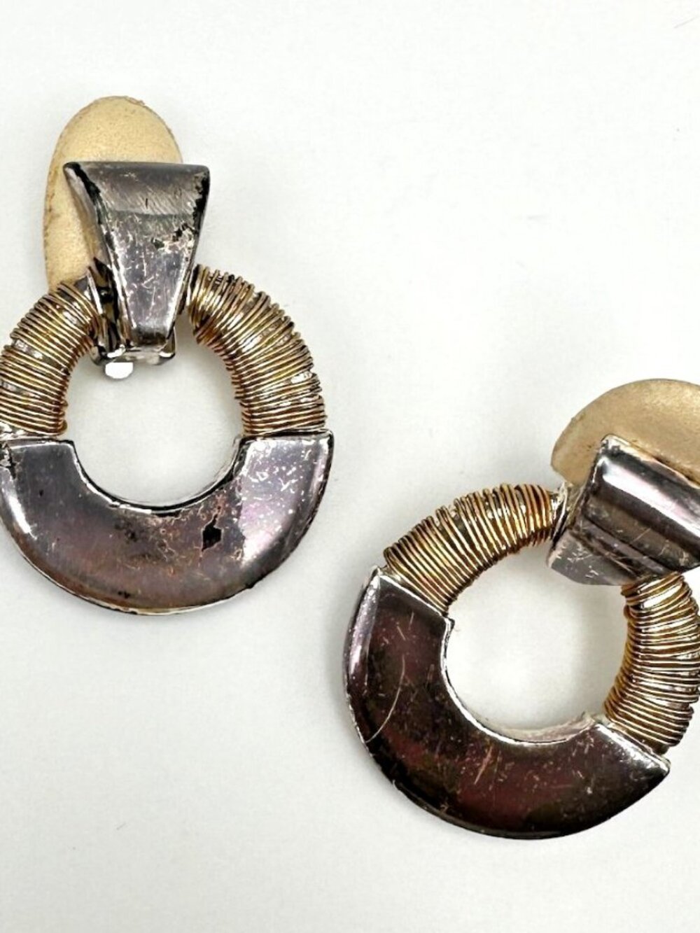 Vintage 80s Two Tone Door Knocker Clip On Earrings Wire Wrapped Women's Jewelry